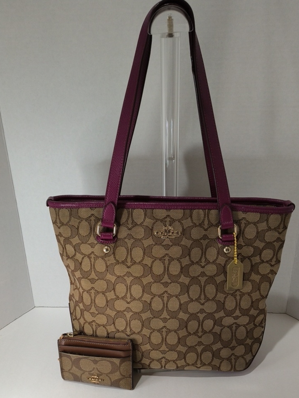 Coach Canvas Tote with Fuchsia Leather Trim and Straps